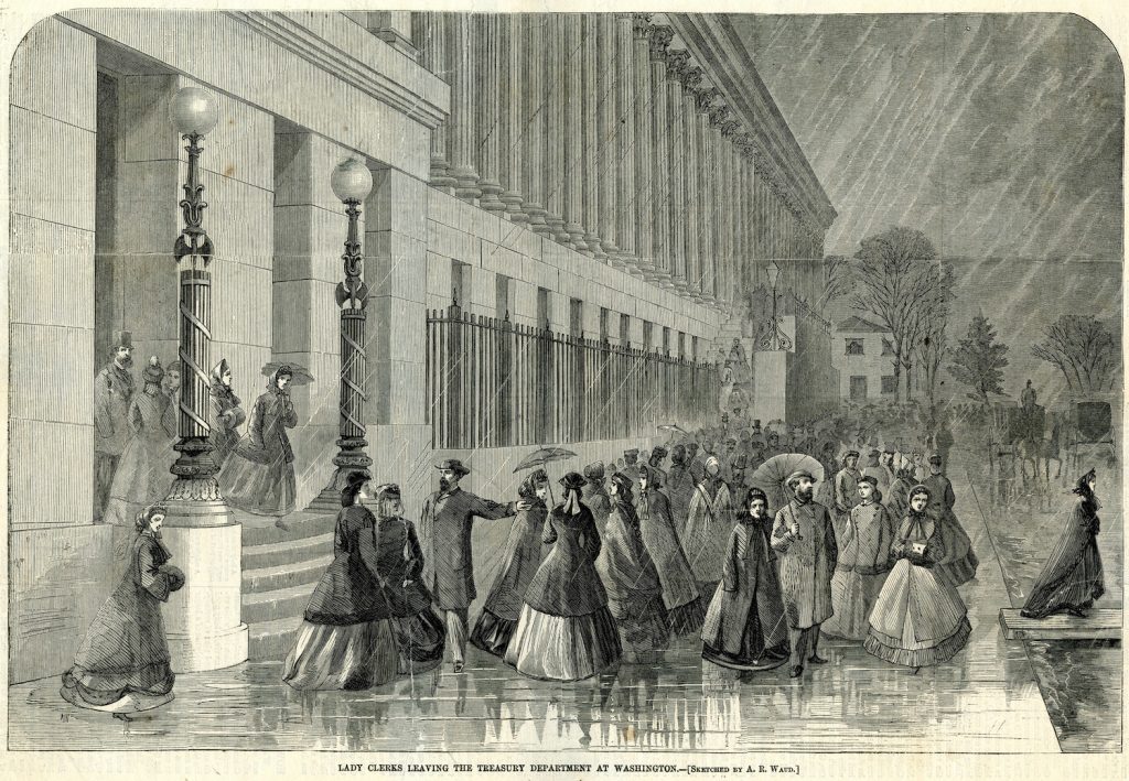 Illustration of women leaving building in rain